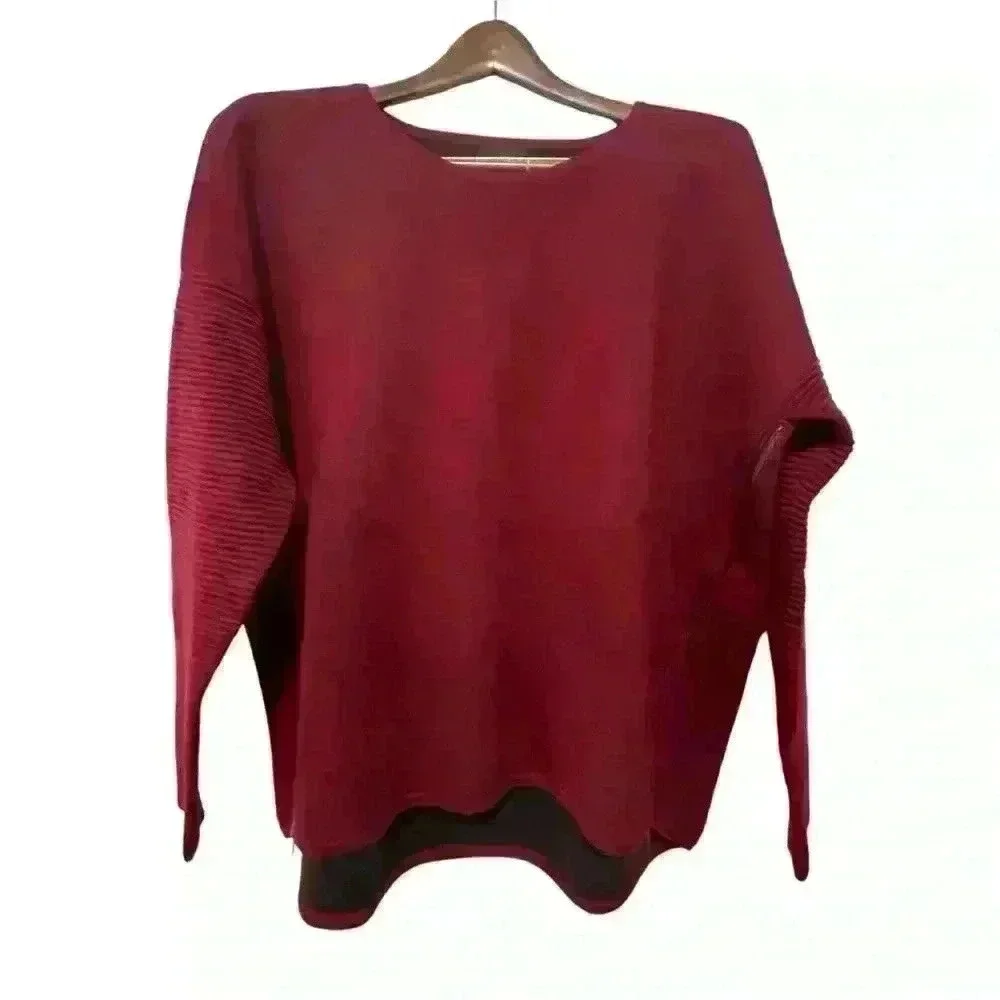J Crew Women’s Ribbed Merino Wool Cranberry Pullover Sweater Sz L Side-Zip EUC
